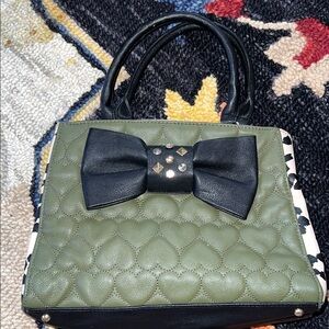 Betsy Johnson olive green and leopard with bow purse studs and stones